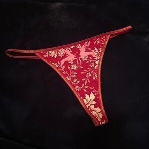 Vintage Pink Victoria’s Secret Flower Reindeer Metallic String Thong Christmas